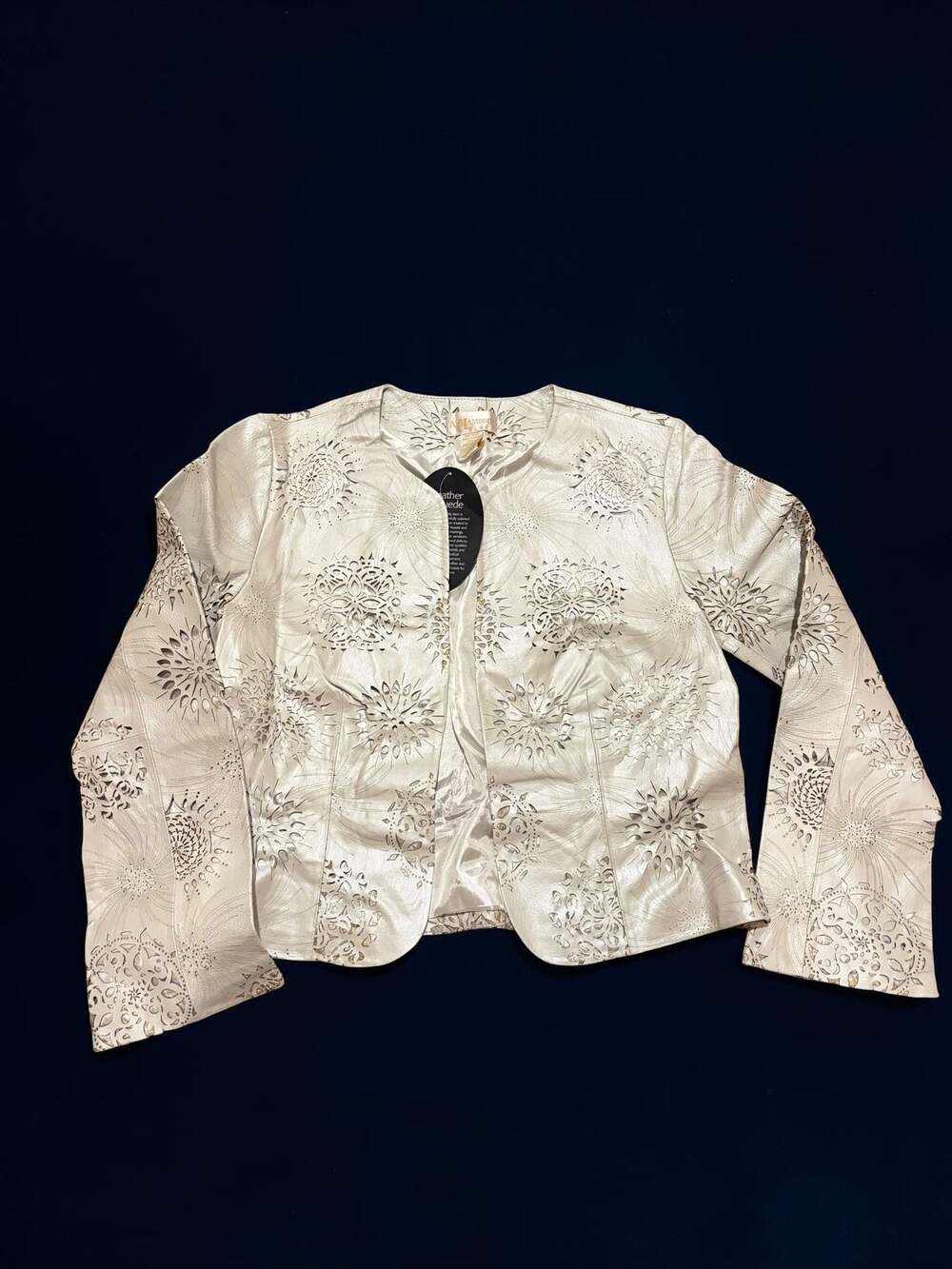 AB Lambdin White Leather Evening Jacket with Laser Cut Floral Pattern